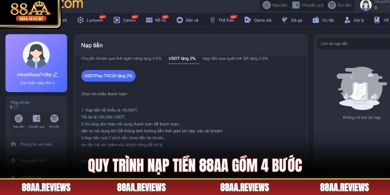 Quy trình nạp tiền 88AA gồm 4 bước
