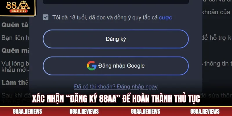 Xác nhận “Đăng ký 88AA” để hoàn thành thủ tục